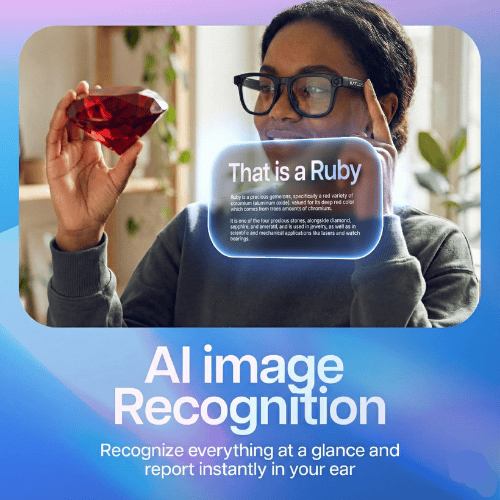KATLOS AI smart glasses demonstrating AI image recognition identifying a ruby gemstone