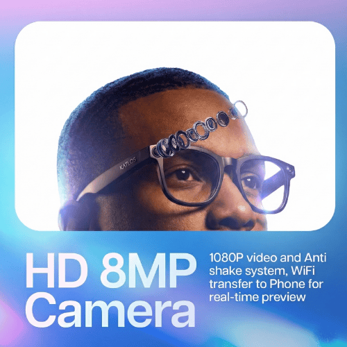 KATLOS AI smart glasses showing the HD 8MP camera with anti-shake video and WiFi preview