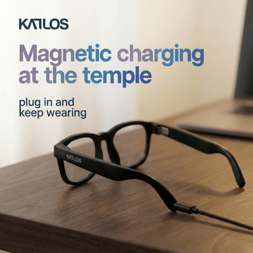 KATLOS AI smart glasses with magnetic charging at the temple