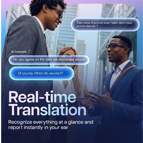 KATLOS AI smart glasses performing real-time translation during a conversation between multiple people